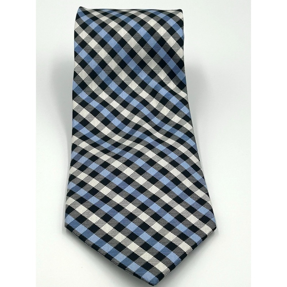 Jos. A. Bank 100% Silk Men's Neck Tie Black Blue White Plaid 3.5 Width 60 Length